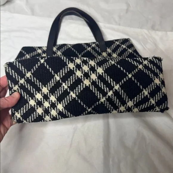 Burberry Houndstooth Black And Off White Wool/Leather Bag.